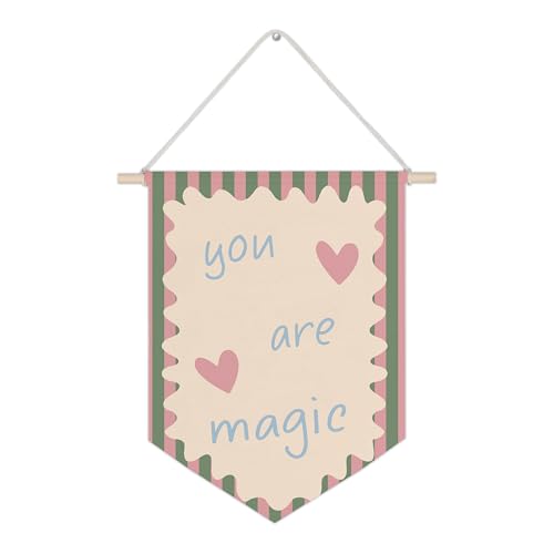WUCHJ Girl Nursery Canvas Wall Banners, You Are Magic Green and Pink Girly Hanging Display Pennant Flags, Inspirational Wall Decor for Baby Girls Nursery Toddler Room Bedroom Playroom 11x14 Inch