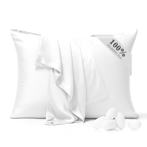 BYDHZN 100% Pure Silk Pillowcase 2 Pack for Hair and Skin, Both Sides 23 Momme Grade 6A+ Mulberry Silk Pillowcases with Hidden Zipper, Soft&Smooth Cooling Pillow Cases (White, King 20x36) by BYDHZN - Used condition - US$16.99