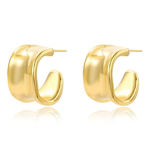 Chunky Silver Earrings 14K Gold Plated Geometric Dangle Earrings for Woman, Trendy Simple Silver Hypoallergenic Small Hoop C Shape Stud Earrings Jewelry