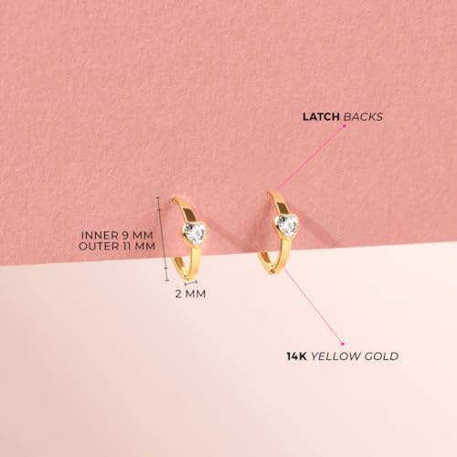 14k Yellow Gold Cubic Zirconia Sparkling Heart Hoop Earrings For Little Girls & Preteens 9mm - Tiny Hoop Earrings For Young Girls With Heart CZ's - Heart Shaped Children's Jewelry4