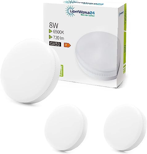 LIGHTWORLD24 GX53 LED-Diffusor Reflektorlampe Leuchtmittel, mit GX53-Sockel, 8W, Kaltweiß - 6500 Kelvin, 720lm, 3er-Pack