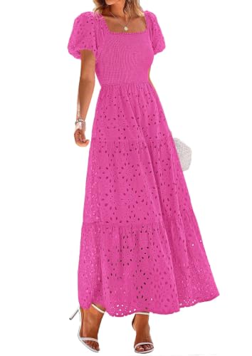 Image of PRETTYGARDEN Summer Dresses for Women 2026 Eyelet Square Neck Puff Sleeve Smocked Wedding Guest Maxi Dress with Pockets