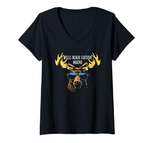 Mujer Wells Beach Station Maine Moose con gafas de sol Camiseta Cuello V