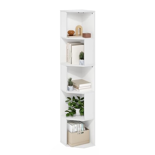 Image of Furinno ECON Corner Shelf, 5-Tier Corner Book Shelf, Standing Storage Shelves, Cube Display Rack, Bookshelf, for Organization and Storage, Living Room, Home Office, White