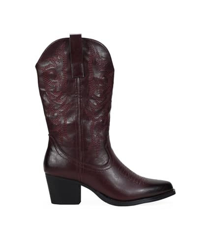 BOSANOVA Botas Camperas de caña Media confeccionadas en Piel Vegana con Detalle de Costuras al Tono, tacón en Bloque de 5'5 cm y Cierre con Cremallera. Calzado para Mujer Burdeos 39