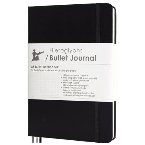 Hieroglyphs Notizbuch A5 mit Punktraster, Klassisches Bullet Journal, Notizbuch mit Vinylumschlag, 3 Lesezeichen, Elastikverschluss, Robuste gebundenes Buch, Schwarz