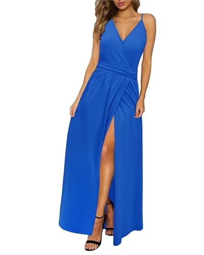 Image of Newshows Women's 2026 Spring Summer Maxi Dress Oversized Boho V Neck Spaghetti Strap Casuales Beachy Vacation Outfits Long Midi Dresses Trendy(Cerulean Blue, S)