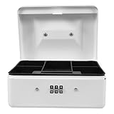 HAMPPLIES Abschließbare Geldkassette aus Robustem Eisen mit Zahlenkombination Kleine Sichere Aufbewahrungsbox für Bargeld und Wertgegenstände Inkl Abnehmbarem Einsatz Modernes Design Weiß