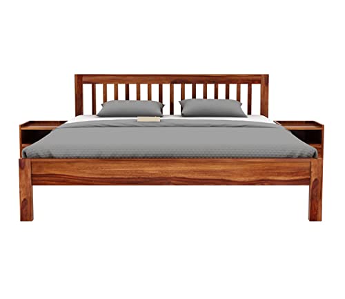 Image of Sheesham Wood Queen Size Bed Without Storage | Wooden Double Bed Cot Palang Furniture for Bedroom Living Room Home (Honey Finish)