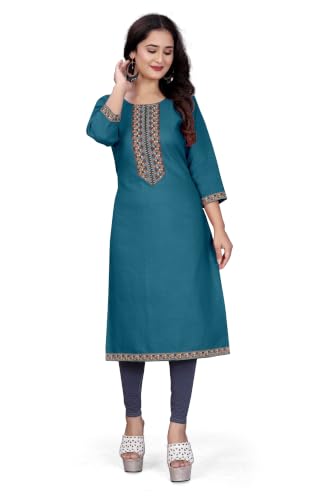 Image of Women A-line Cotton Blend Round Neck 3 /4 Sleeve Embroidered Kurti Only