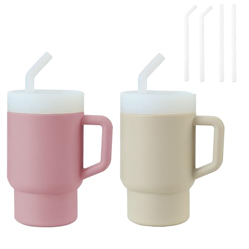 PandaEar 2 Pack Kids Tumbler Silicone Toddler Cup with Straw and Handle, 9.5oz Spill-Proof Training Cup for Baby, BPA-Free, Easy to Clean -Grey/Pink