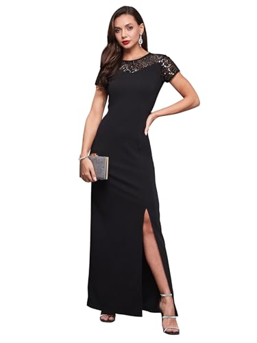 Image of Miss Chase Women's Round Neck Sleeve Embellished Fit Flare Maxi Dress