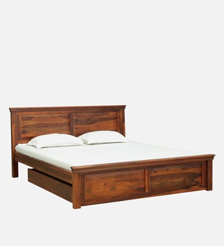 Image of Solid Sheesham Wood Queen Size Bed | Modern Queen Bed with - Storage, for Bedroom,Living Room | Colour Brown | (Brown16)