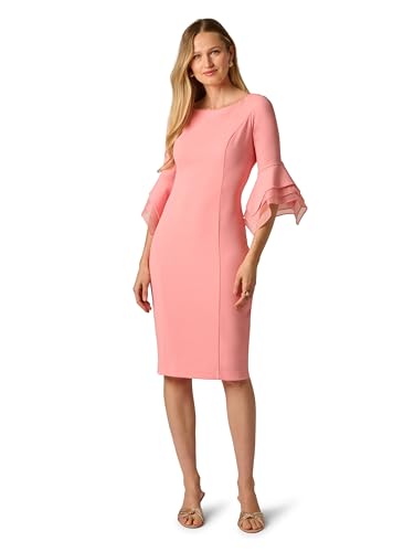Image of Adrianna Papell Stretch Knit Crepe Sheath Dress with Tiered Organza Bell Sleeve