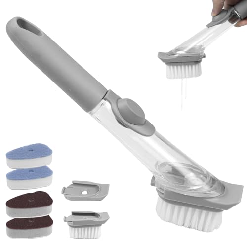 PIWOSGOL Juego de Cepillo Fregar Platos con 2 Cabezales de Cepillo de cerdas duras y 2 Cabezales de Esponja de Recambio y Dos Cabezales de Cepillo de Cocina con Dispensador de Detergente