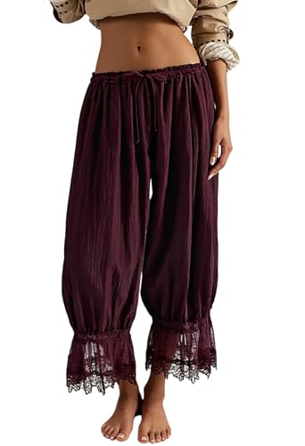 Image of NUFIWI Women Ruffle Long Bloomer Y2k Lace Trim Pettipants Pantaloons Mid Rise Cropped Pajama Pants Under Dress Slips