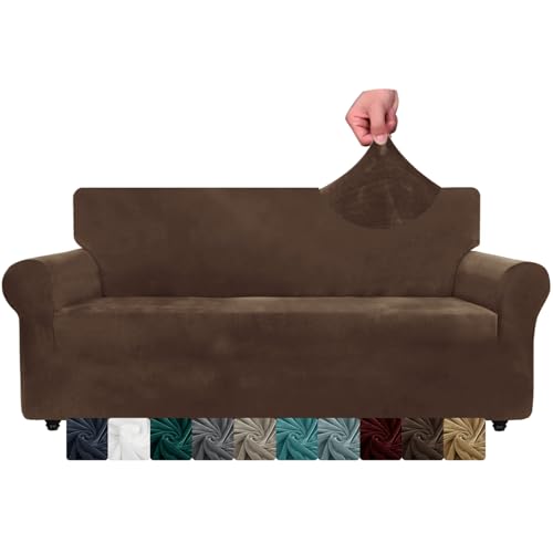 XINEAGE Samt Sofaüberzug 3 Sitzer, Stretch Sofa überzug für Wohnzimmer, Dicke Weiche Sofaüberwurf, Rutschfester Sofa Cover für Hunde, Haustiere (3 Sitzer, Dunkel Kaffee)