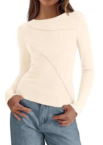 KIRUNDO Going Out Tops for Women Boat Neck Long Sleeve Ribbed Knit Fitted Shirts Exposed Seams Basic Tee Fashion Clothing