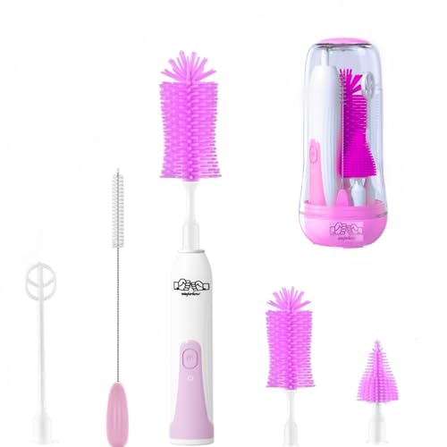 Image of Travel Electric Baby Bottle Brush Set with Electric Bottle Cleaner and Water Bottle Brush and Nipple/Straw Brush,Milk Frother and Drying Rack(Purple)
