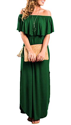 Image of Sarin Mathews Womens Off The Shoulder Ruffle Party Dress Casual Side Split Beach Long Maxi Dresses with Pockets