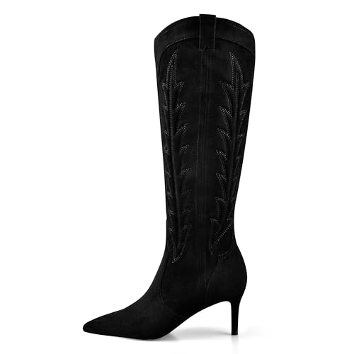 MIRAAZZURRA Knee High Boots Women Suede Cowboy Boots Pointed Toe Kitten Heel Western Embroidered Cowgirl Boot with Side Zipper
