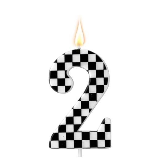Vela Cumpleaños con Temática Coches Carreras, Velas Cumpleaños Números a Cuadros Velas en Blanco y Negro Adorno Tarta Feliz Cumpleaños para Niños Fiestas Temática Coches Carreras (Número 2)