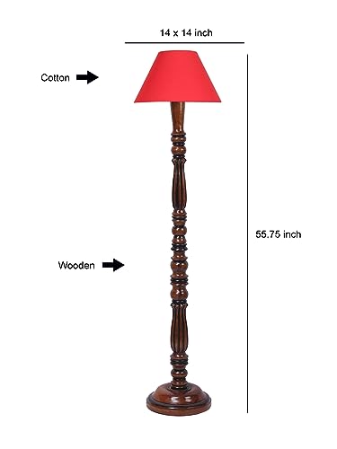 Image of Floor Lamp with Wooden Base - Height 55 inch, Red | Modern Standing Lamp for Living Room, Bedroom & Office | Stylish & Elegant Home Lighting Decor | Tall Decorative Lamp