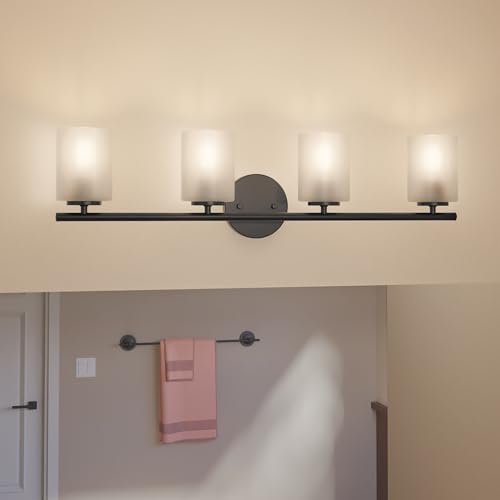 Image of Replay Collection 4-Light Etched Glass Modern Bath Vanity Light Textured Black