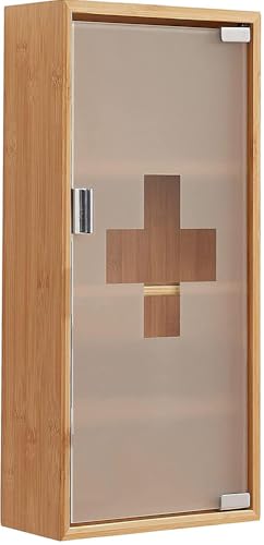 Zedelmaier Medizinschrank aus Bambus, hängeschrank, Hausapotheke, Erste Hilfe Schrank,Glastür mit Magnetverschluss，Arzneischrank 4 Fächer，12T x 27B x 57H cm