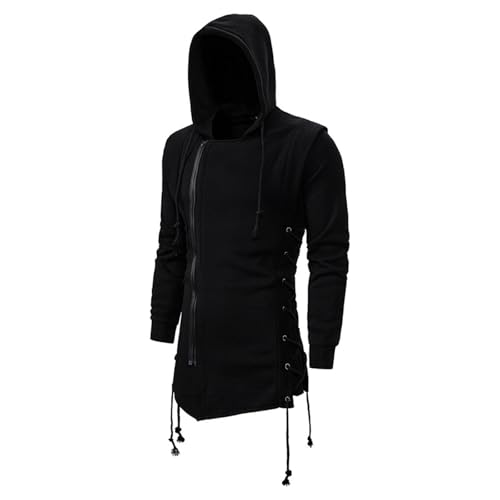 Men Gothic Steampunk Sweatshirt Fall Winter Slim Fit Tunics Medieval Lace up Hem Oblique Zipper Hooded Jackets Coats