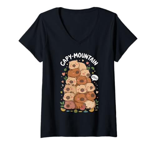 Femme Capybara Mountain Mignon endormi Capybara Amoureux T-Shirt avec Col en V