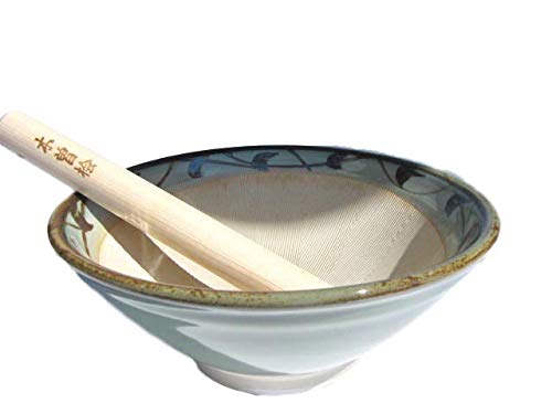 Made in Japan Mortar & Pestle (Suribachi & Surikogi) Set Large 9.5 inches, Pale Blue-Green with Arabesque Pattern, Authentic Mino Ware Pottery