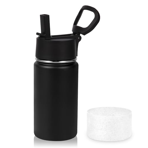 Volhoply 14oz KIds Insulated Stainless Stee Water Bottle with Straw Lid and Silicone Boot,BPA-Free Easy Use for Boys&Girls,Double Wall VacuumLeakproof Bottles(Black,1)