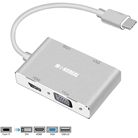 MONODEAL USB C to HDMI/DVI/VGA Adapter, 4 in 1 USB 3.0 Type-C Hub Cover