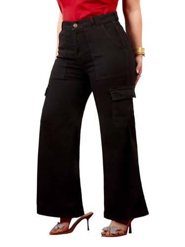 Image of Miss Chase A+ Women's Wide-Leg High-Rise Regular-Length Stretchable Cargo Denim Jeans