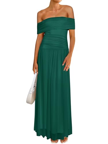 Image of MASCOMODA Women Off The Shoulder Mesh Maxi Dress Bodycon Ruched Formal Sleeveless Pleated Cocktail Wedding Guest Long Dresses
