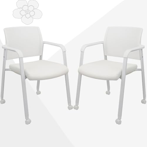 Image of CLATINA Rolling Conference Chairs, 2 Pack Stackable Chairs with Wheels and Paddle, Ergonomic Mesh Back and Arms for Meeting, Conference, Training Room & Home Office (White)