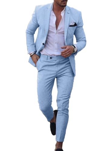 Conjunto de traje de lino para hombre, esmoquin casual, 2 piezas, blazer de ajuste regular, chaqueta y pantalones sólidos con un botón, para graduación, boda, fiesta, azul celeste, 58