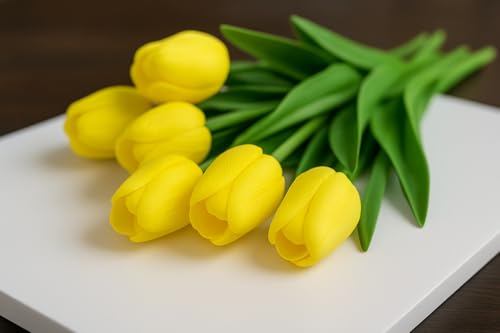 Image of Pink Olive Tulip Flowers Bunches | for Home Decor | Living Room, Corner Table, Bedroom, Wedding Party Decor, Gifting | Real Like Feel, Artificial Flower | Bunch of 05 (Yellow Tulip)