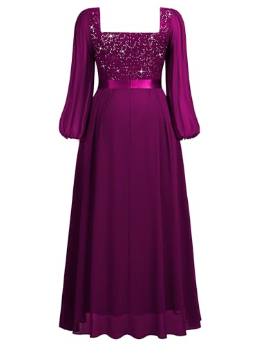 Image of MISSMAY Women's Plus Size Sequin Lace Square V Neck Sheer Long Sleeves Formal Evening Chiffon Long Dress