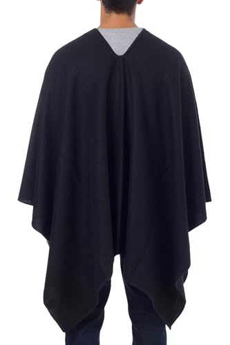 NOVICA Artisan Handmade Men's Alpaca Blend Poncho Peruvian for in Warm Wool Acrylic Clothing Black Solid ' Inca Explorer in Black'2