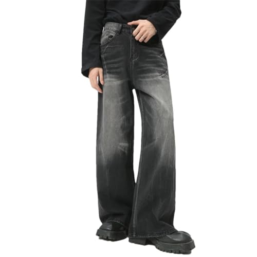 Men Jeans Loose Zipper Wide-Leg Washed Denim Pants High Street Trousers