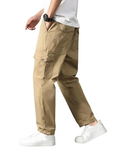 Image of Men's Cargo Trousers-100% Premium Cotton Regular Fit Lightweight Breathable Elastic Waist Multi-Pocket Casual Utility Pants