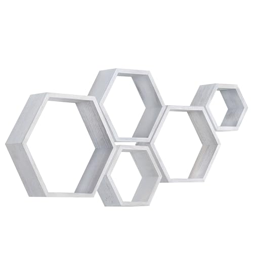 Image of PHOENANCEE Hexagon Floating Shelves,Wall Mounted Wood Farmhouse Storage Honeycomb Wall Shelf Set of 5,for Bathroom, Kitchen, Bedroom, Living Room,Office,Driftwood Finish (Weathered White)