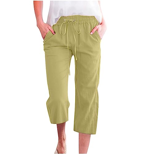 Capris Pants for Women Cotton Linen Casual Summer 2025 Straight Wide Leg Loose Drawstring Elastic Waist Trousers