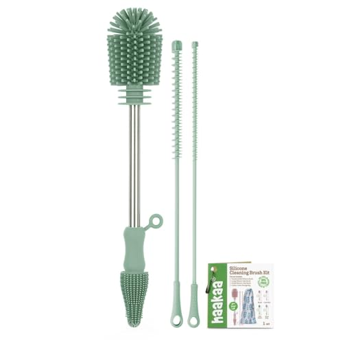 Image of haakaa Silicone Cleaning Brush Kit - Baby Bottle Brush Cleaner for Breast Pump,Nipple,Breast Milk Storage Bag,Reusable Straw,Sippy Cup - Food Grade Silicone Bristles, Portable - 3 Pcs - Pea Green