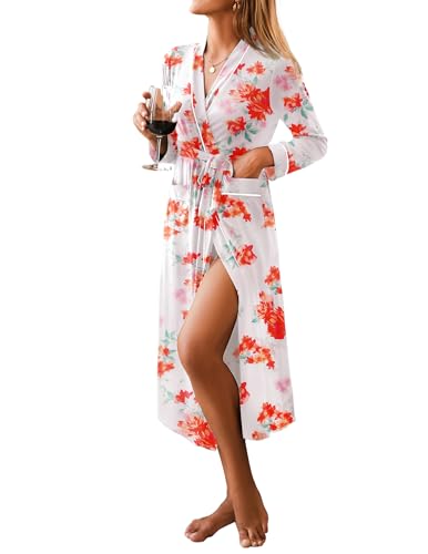 Image of Ekouaer Women Kimono Robes Full Length Knit Bathrobe Lightweight Soft Sleepwear V-neck Casual Ladies Loungewear S-XXL