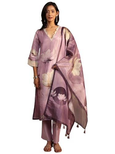 Image of Libas Printed Silk Blend Straight Kurta Set For Women | daily wear suit