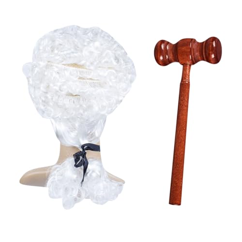 UUYYEO 2 Pcs Judge Costume Accessories Judge Wig and Gavel Court Lawyer Wig Judge Wooden Gavel Synthetic Wavy Costume Wig