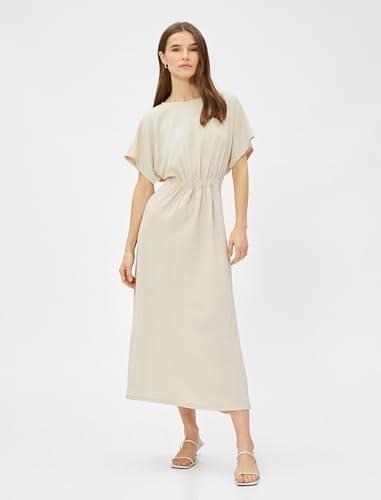 Koton Kadın Midi Elbise Beli Büzgülü Kısa Kollu Bej, 32 - Görsel 3